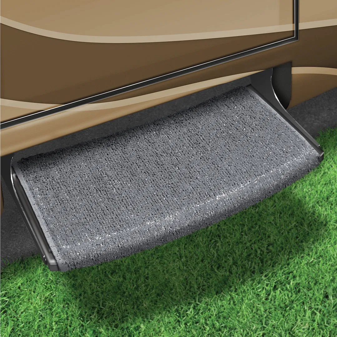 2-0206 – PRESTO FIT Entry Step Rug, Wrap Around Hook And Spring 22 Inch Width Stone Gray Outdoor Turf With Marine Bac...